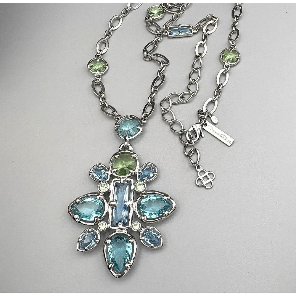 Oscar De La Renta Crystal Statement Necklace Light Blue Green Couture Runway 32"
